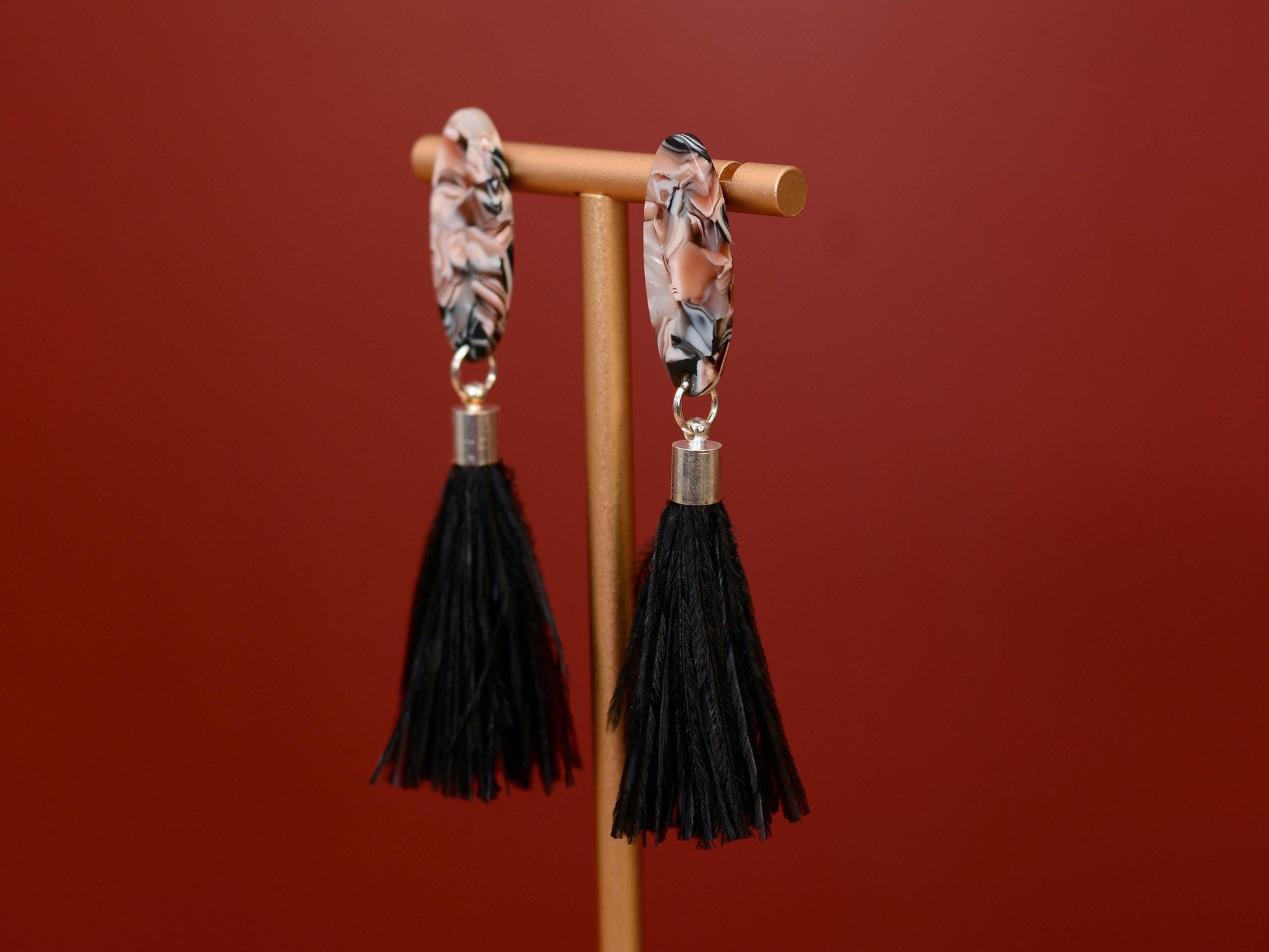 Black and Blush Pink Oval Acetate and Ostrich Feather Tassel Earrings