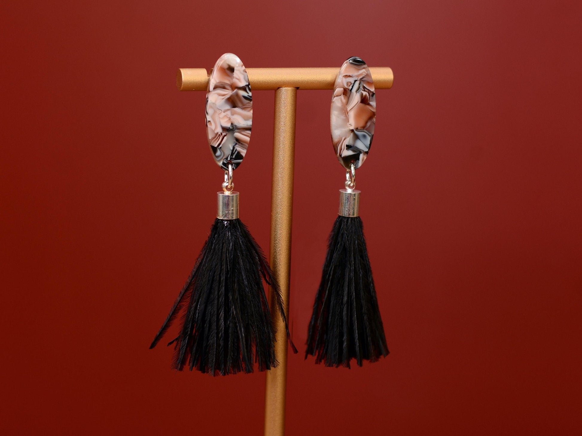Black and Blush Pink Oval Acetate and Ostrich Feather Tassel Earrings