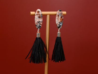 Black and Blush Pink Oval Acetate and Ostrich Feather Tassel Earrings