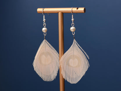 Hera - Pearl and Off- White Peacock Eye Feather Earrings