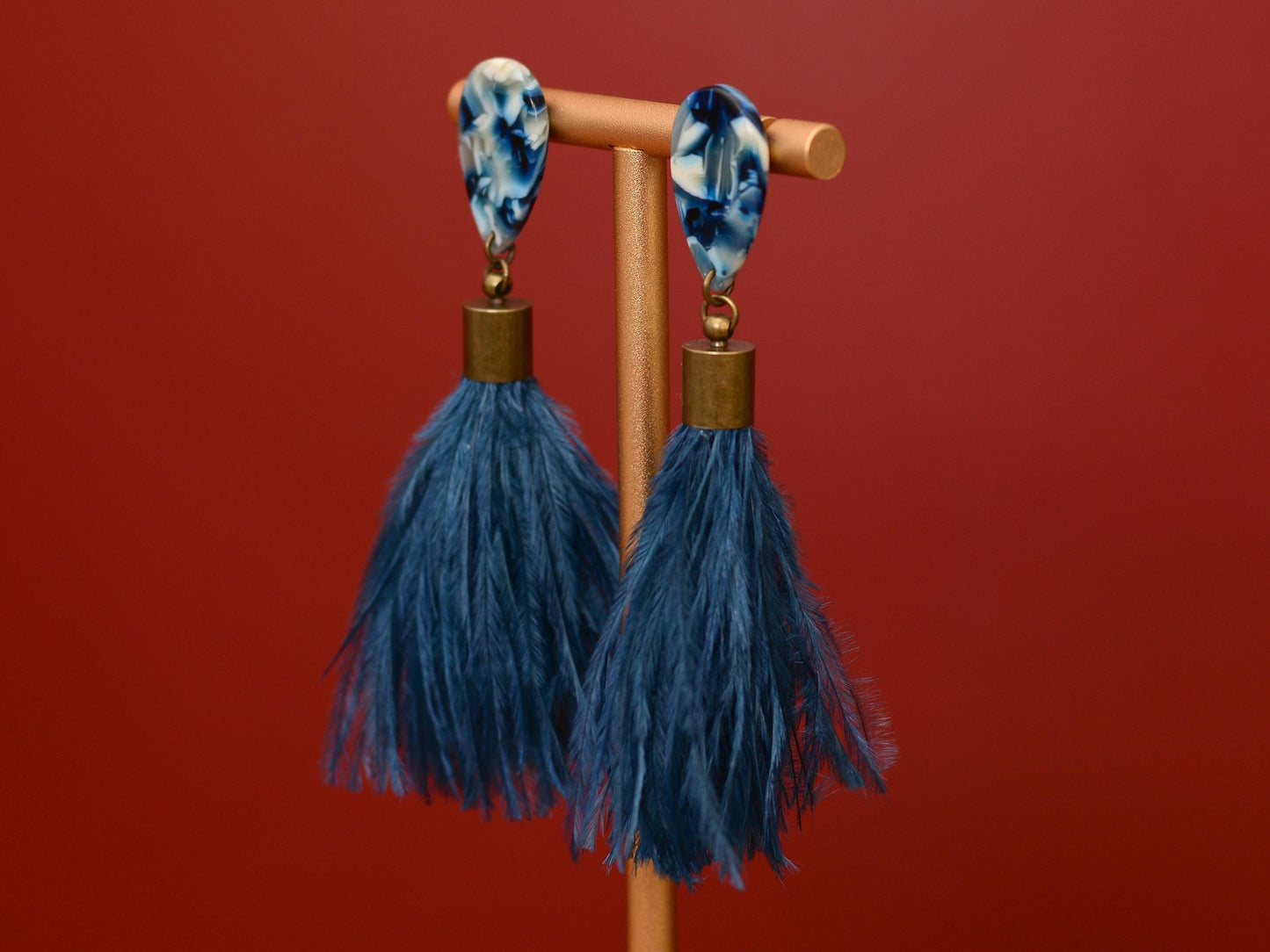Navy Blue Acetate and Ostrich Feather Tassel Earrings | Festival Earrings | Feather Jewellery | Wedding Jewellery | Long Earrings