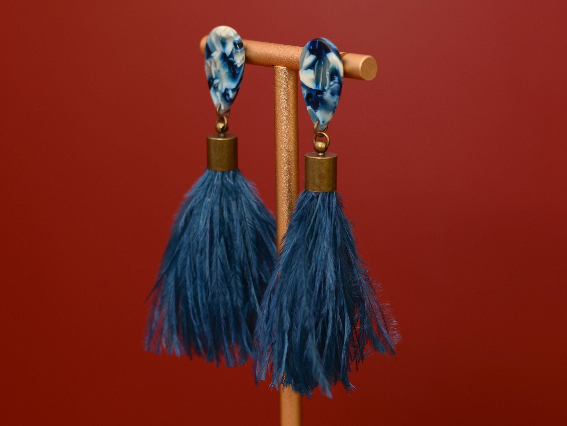 Navy Blue Acetate and Ostrich Feather Tassel Earrings | Festival Earrings | Feather Jewellery | Wedding Jewellery | Long Earrings