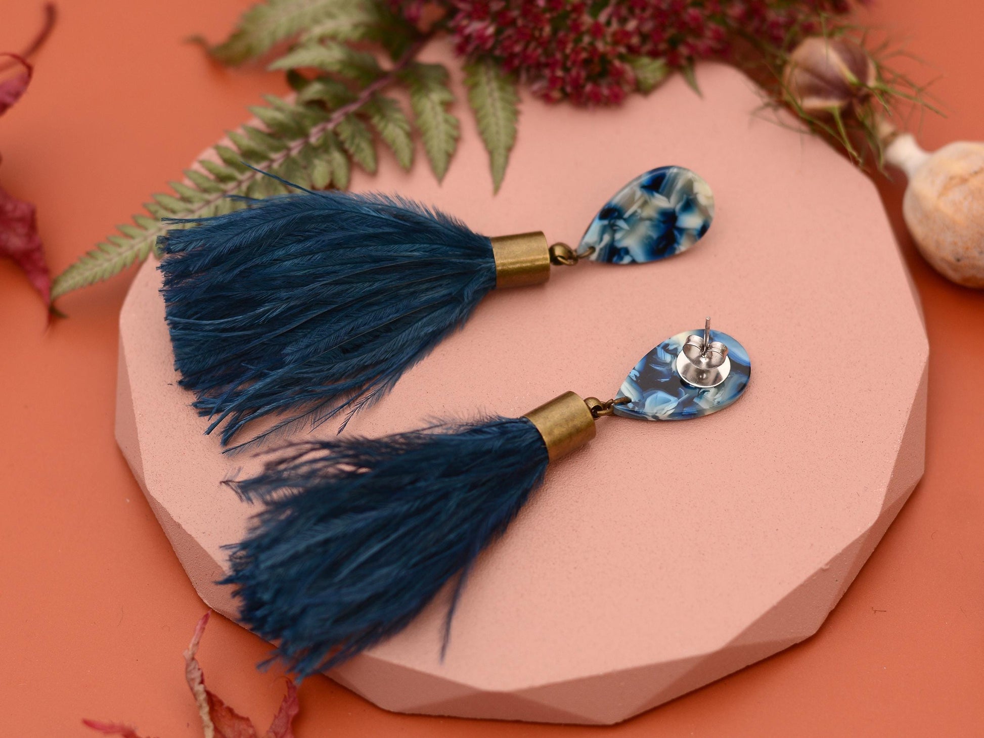 Navy Blue Acetate and Ostrich Feather Tassel Earrings | Festival Earrings | Feather Jewellery | Wedding Jewellery | Long Earrings
