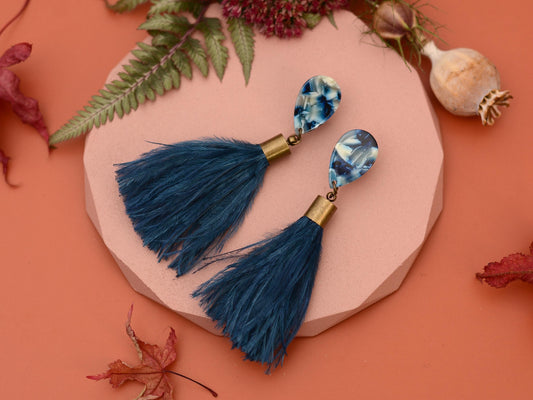 Navy Blue Acetate and Ostrich Feather Tassel Earrings | Festival Earrings | Feather Jewellery | Wedding Jewellery | Long Earrings