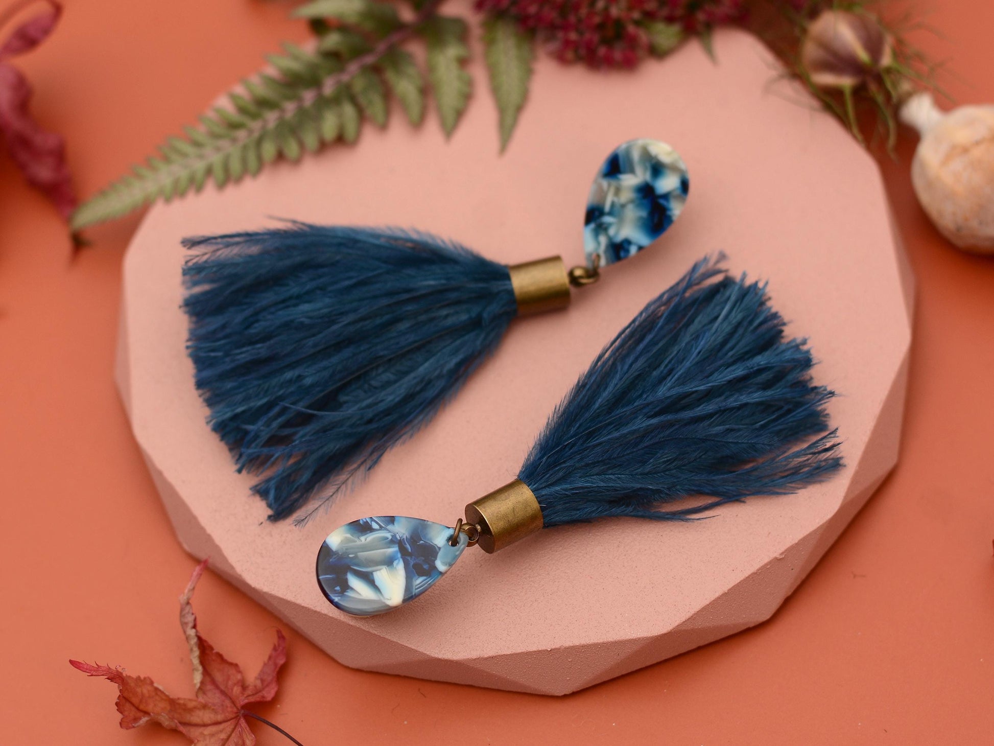 Navy Blue Acetate and Ostrich Feather Tassel Earrings | Festival Earrings | Feather Jewellery | Wedding Jewellery | Long Earrings