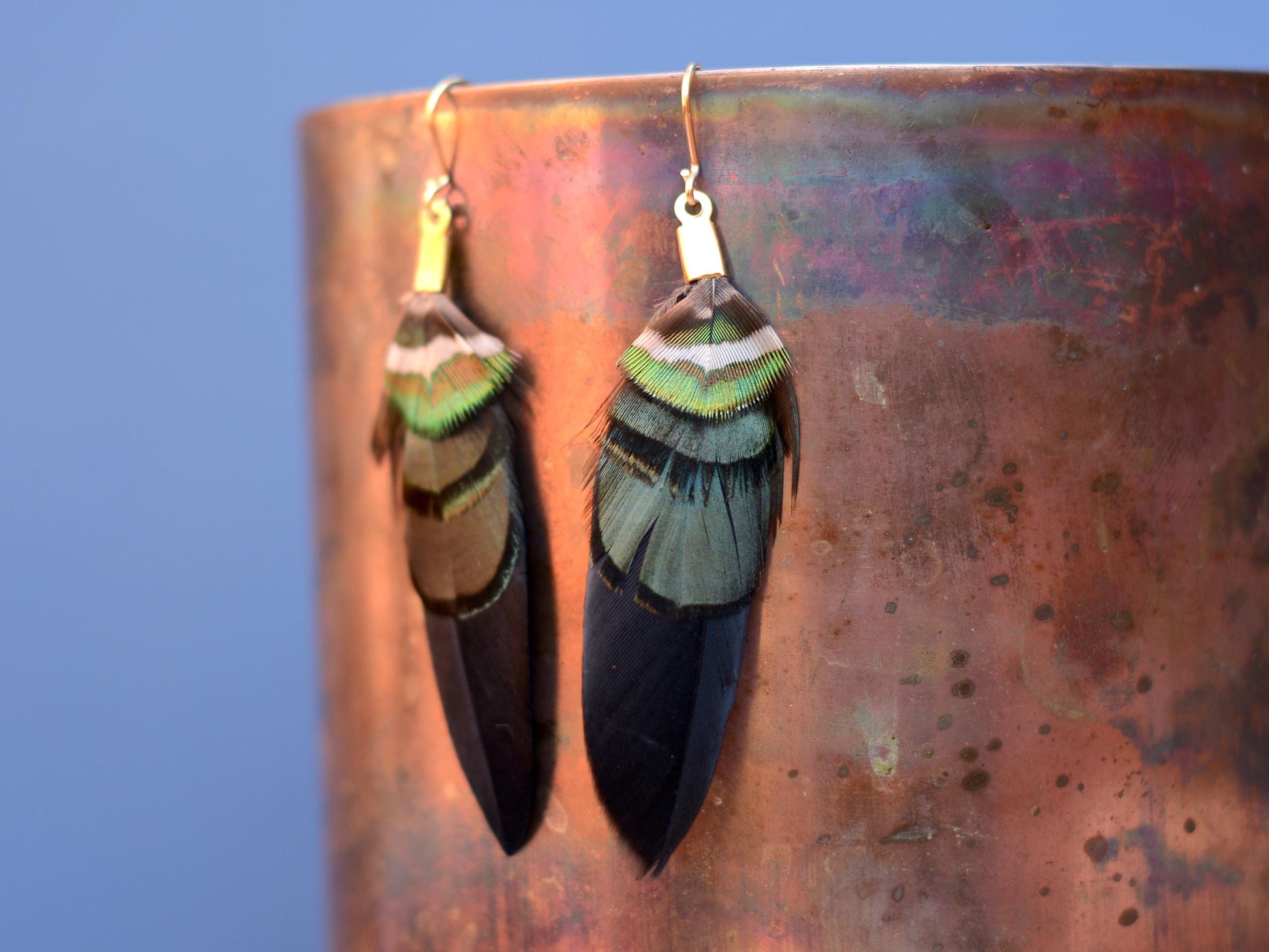 Black, Green and Gold Feather Earrings | Festival Earrings | Feather Jewellery | Festival Jewellery | Drop Earrings