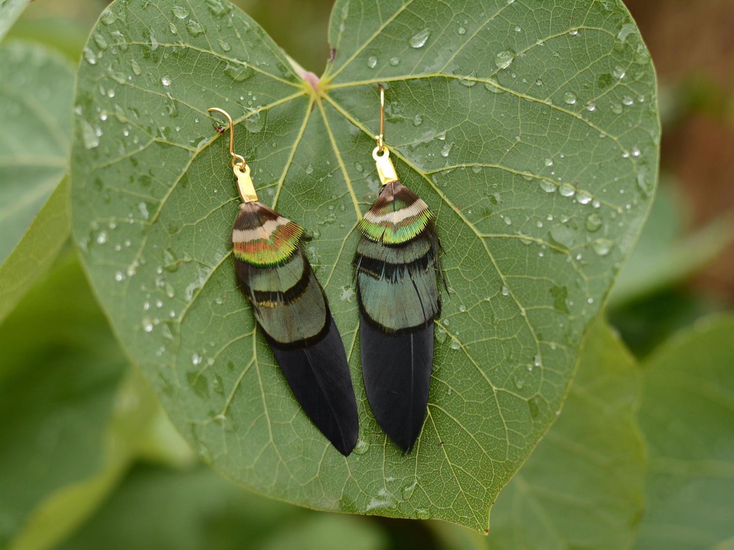 Black, Green and Gold Feather Earrings | Festival Earrings | Feather Jewellery | Festival Jewellery | Drop Earrings