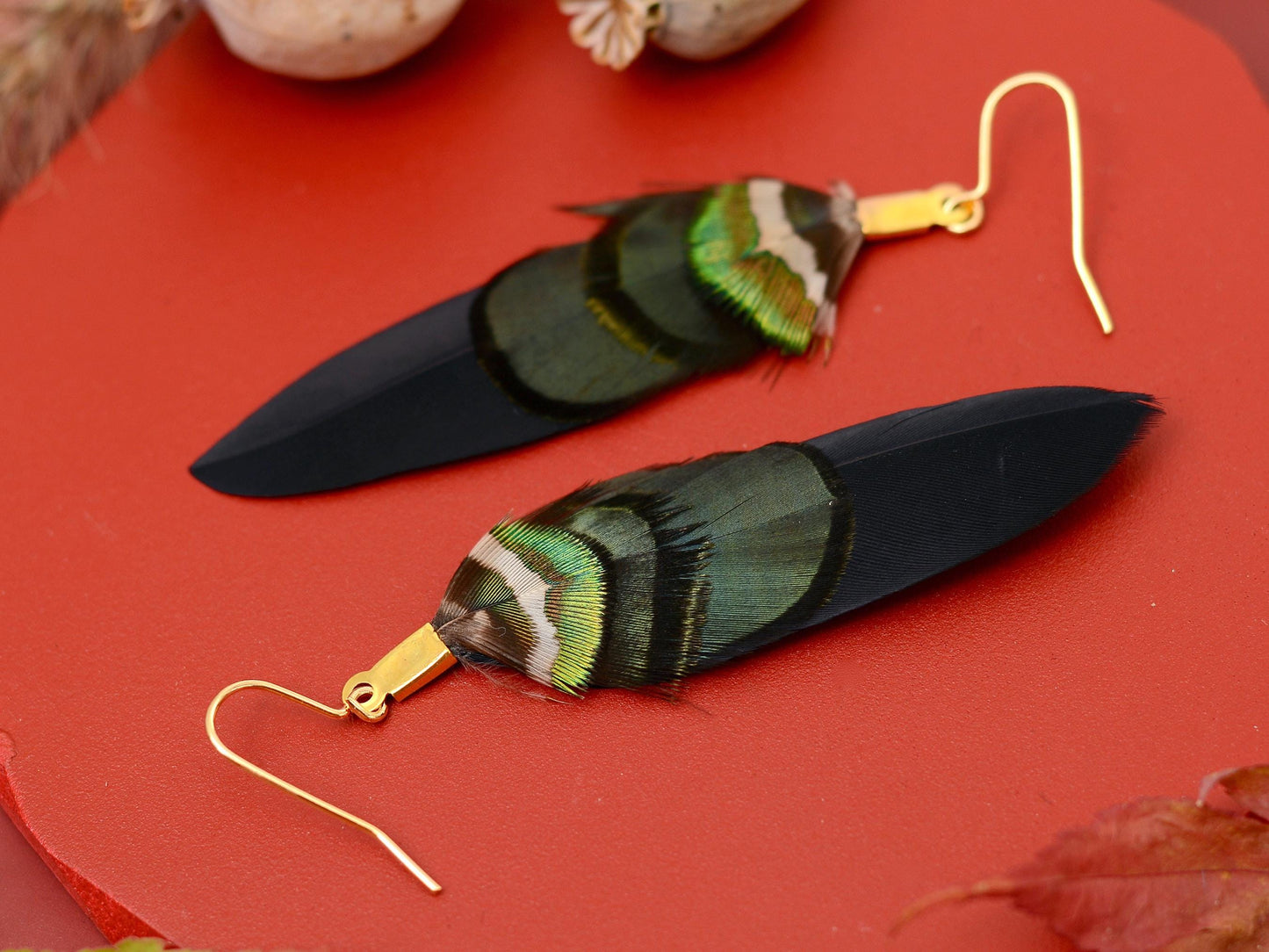 Black, Green and Gold Feather Earrings | Festival Earrings | Feather Jewellery | Festival Jewellery | Drop Earrings