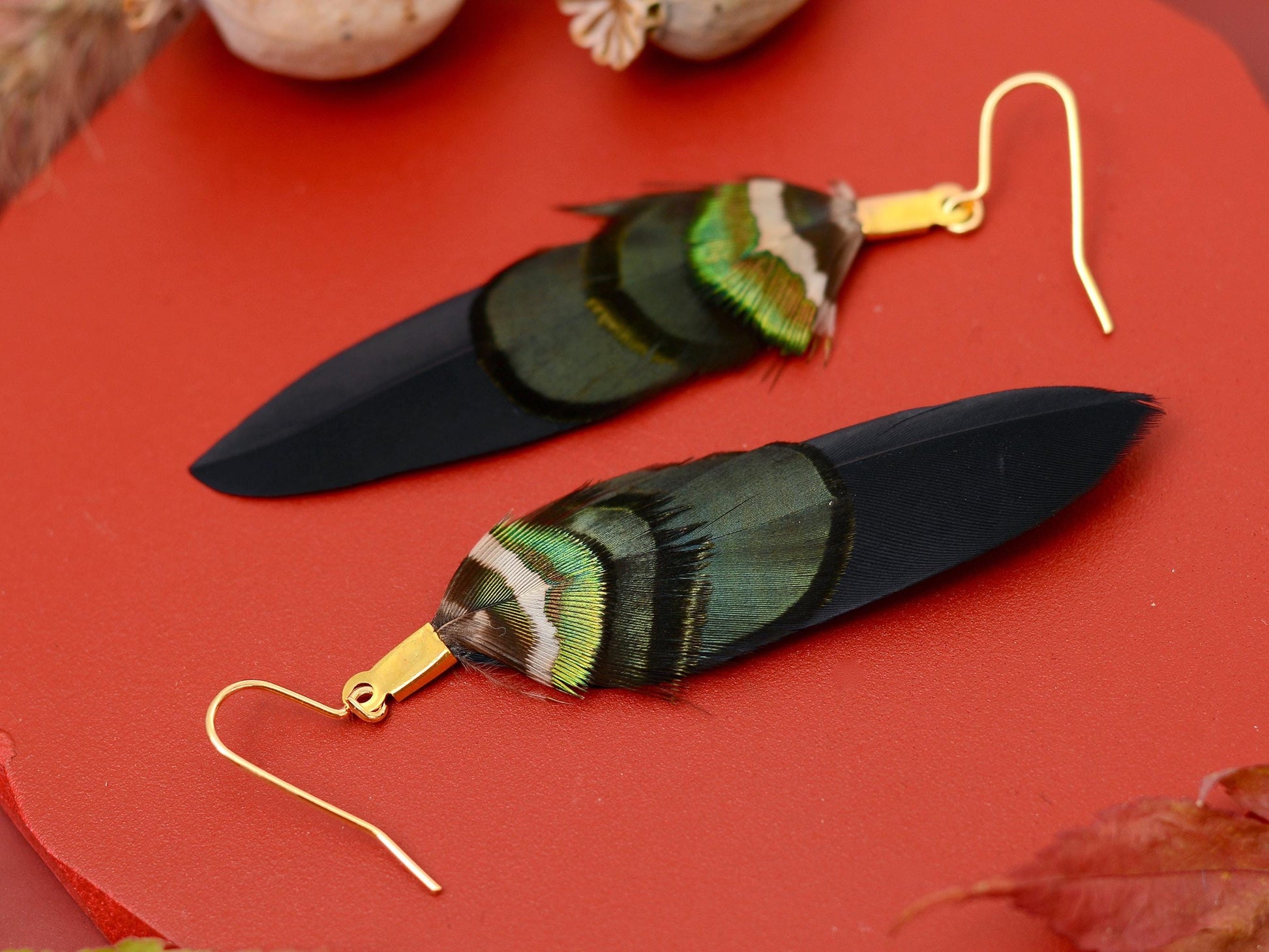 Black, Green and Gold Feather Earrings | Festival Earrings | Feather Jewellery | Festival Jewellery | Drop Earrings