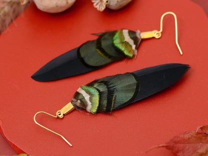 Black, Green and Gold Feather Earrings | Festival Earrings | Feather Jewellery | Festival Jewellery | Drop Earrings