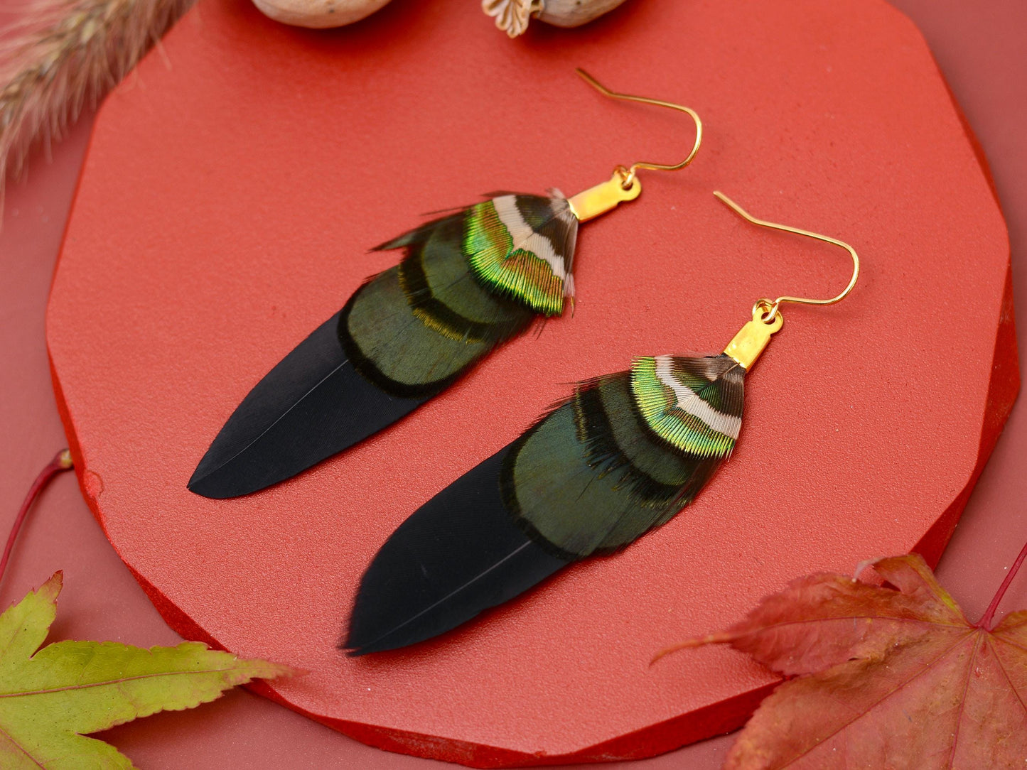 Black, Green and Gold Feather Earrings | Festival Earrings | Feather Jewellery | Festival Jewellery | Drop Earrings