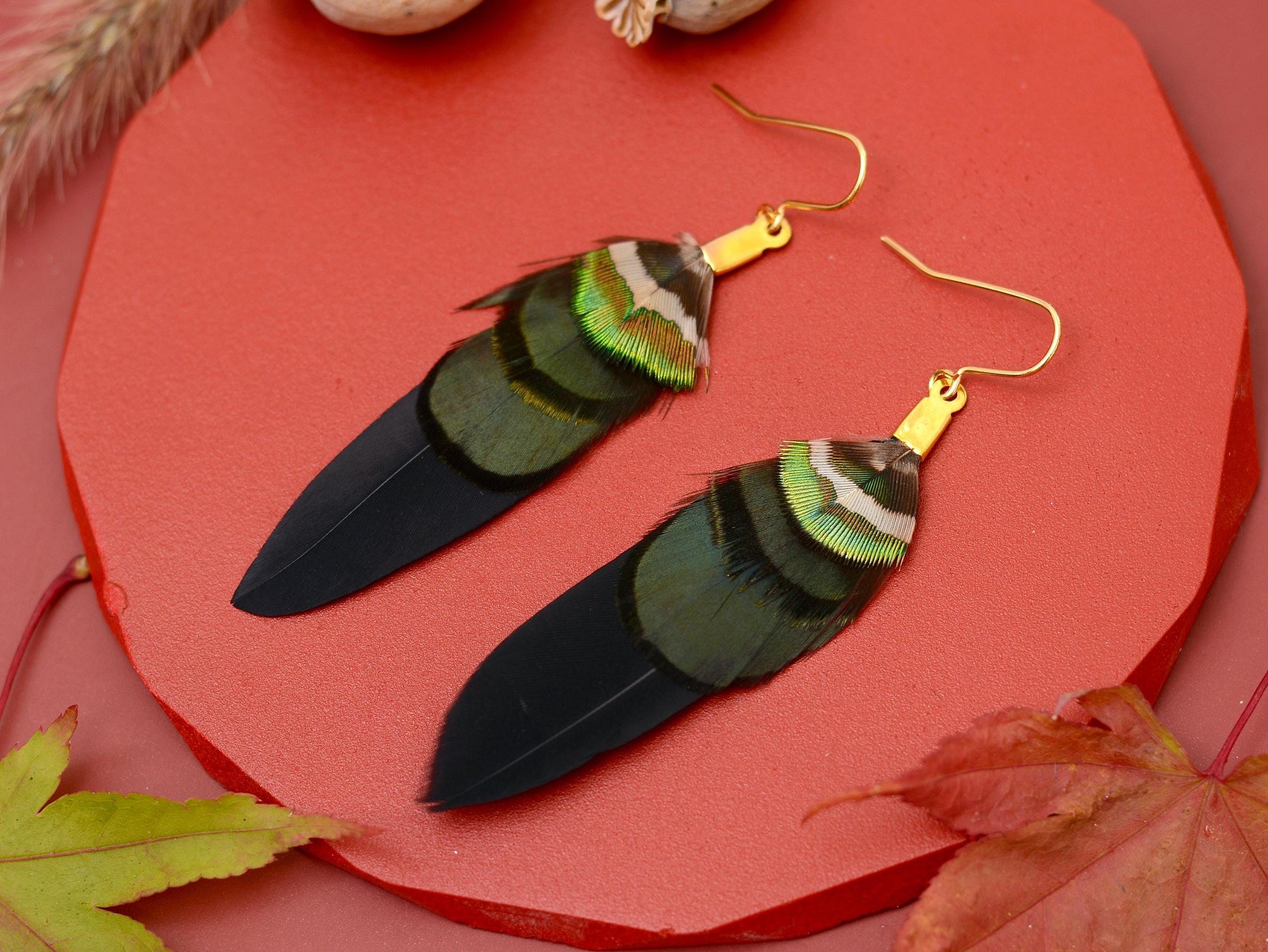 Black, Green and Gold Feather Earrings | Festival Earrings | Feather Jewellery | Festival Jewellery | Drop Earrings