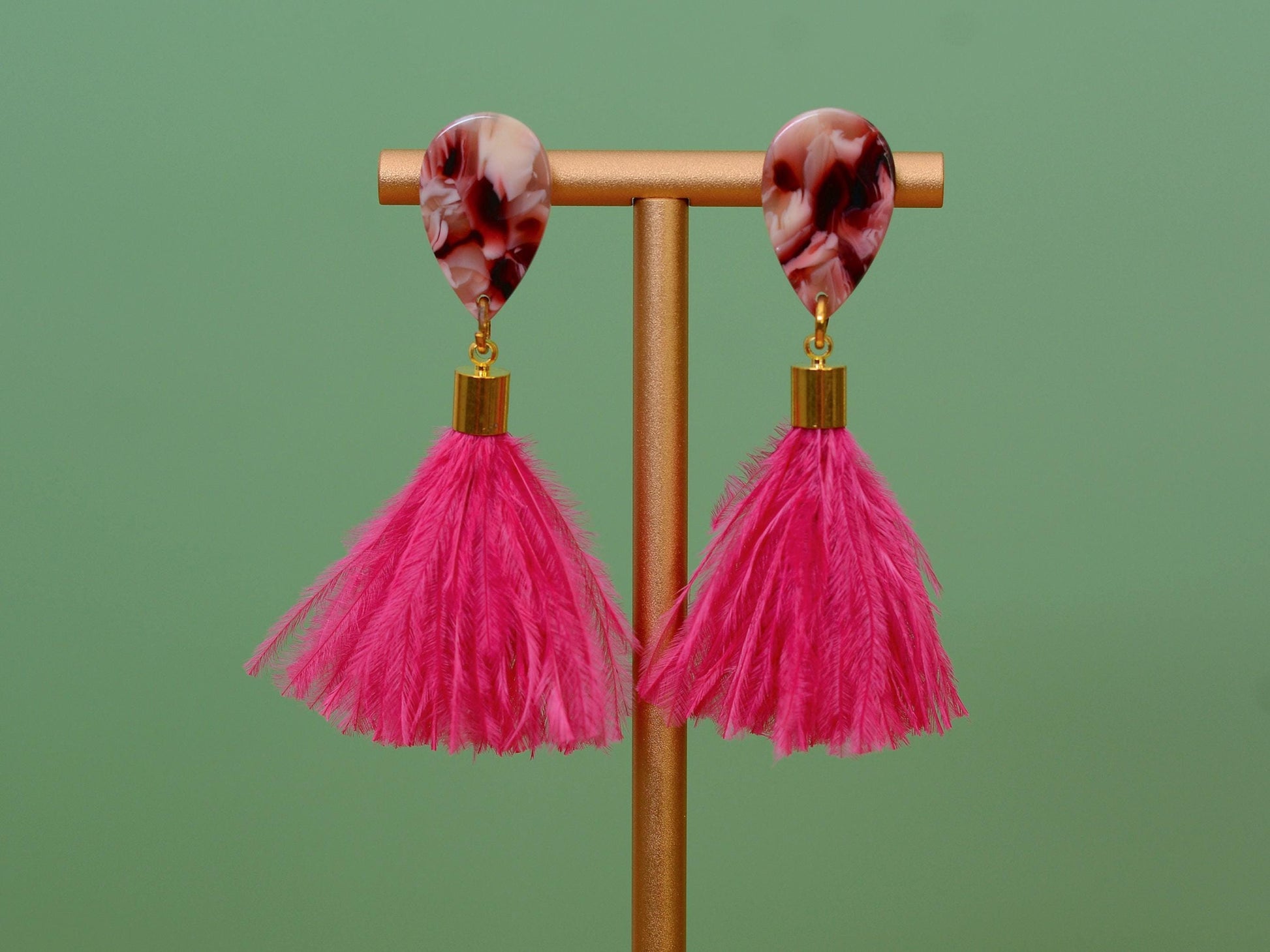 Hot Magenta Pink Ostrich Fluffy Feather Tassel Earrings