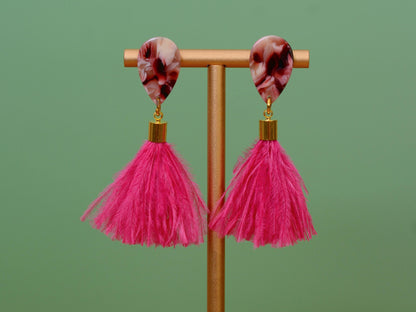Hot Magenta Pink Ostrich Fluffy Feather Tassel Earrings