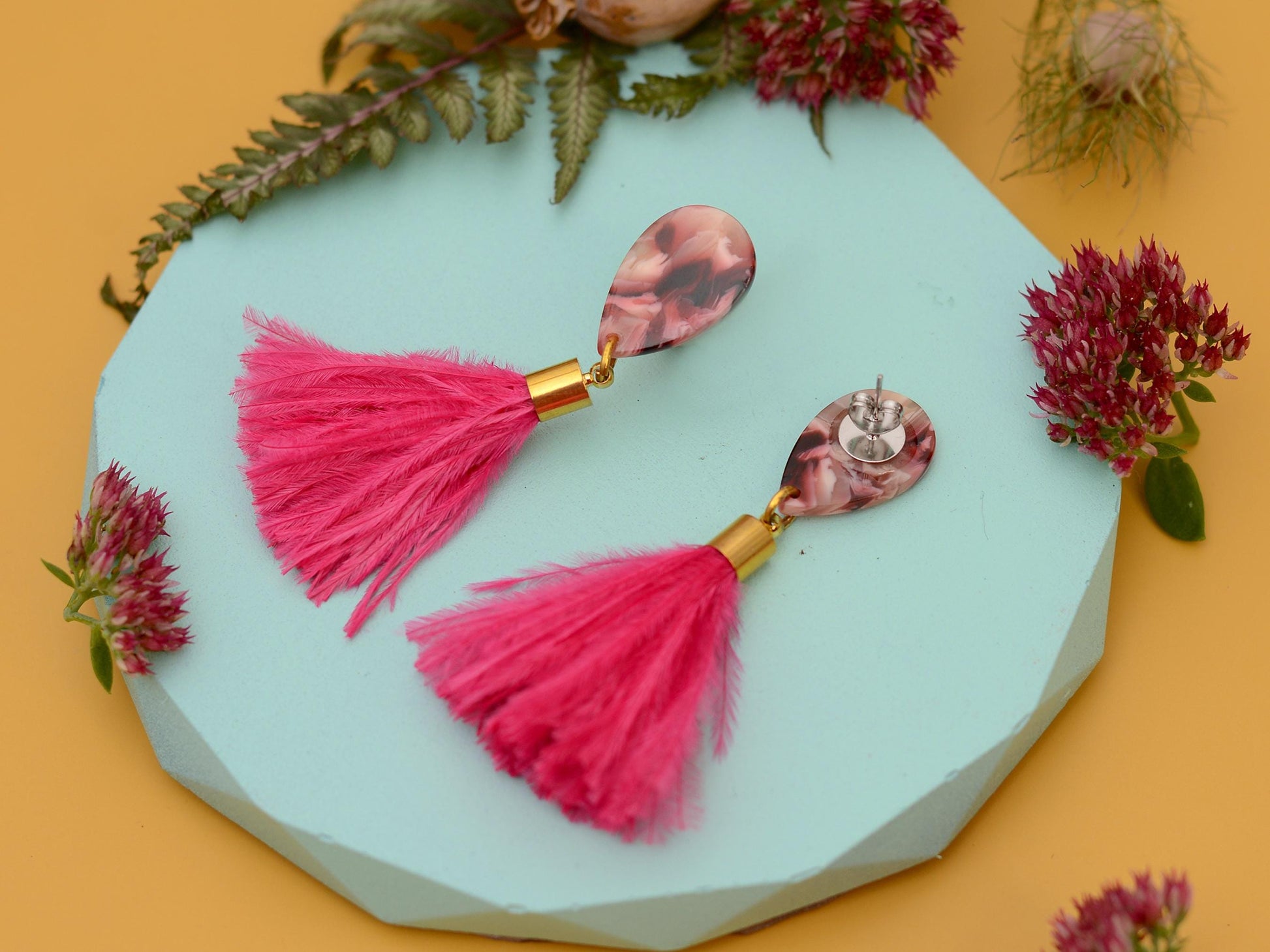 Hot Magenta Pink Ostrich Fluffy Feather Tassel Earrings