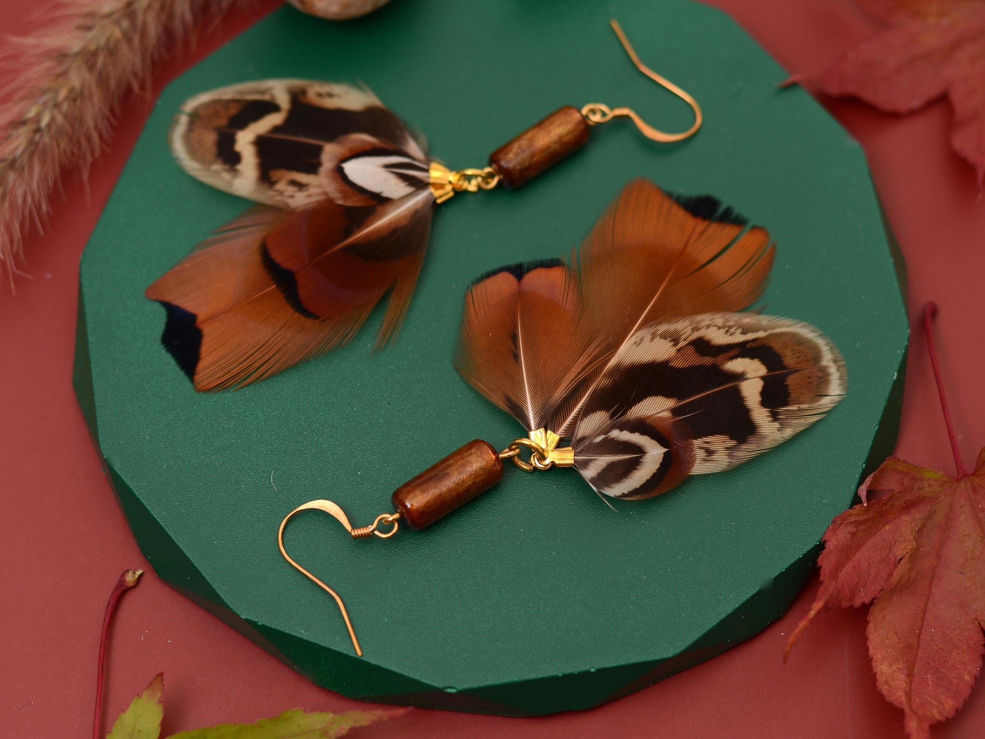 Pheasant Tassel Feather Earrings with Vintage Glass Tube Bead | Festival Earrings | Feather Jewellery | Festival Jewellery