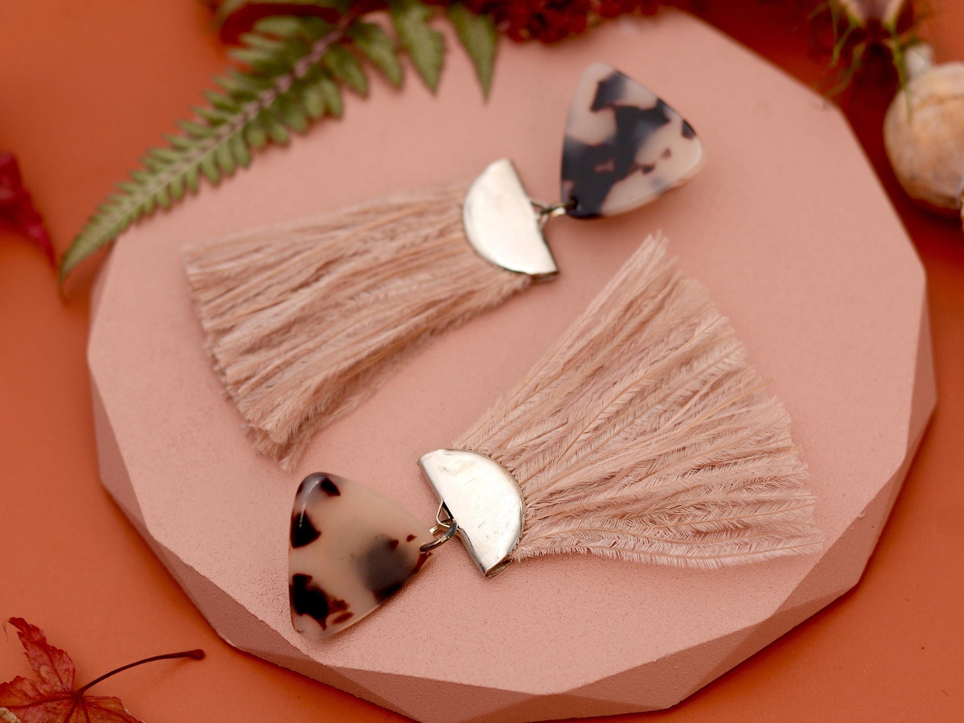 Nude Pink and Tortoiseshell Ostrich Feather Tassel Earrings