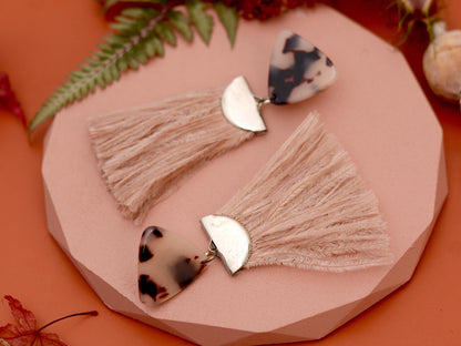 Nude Pink and Tortoiseshell Ostrich Feather Tassel Earrings