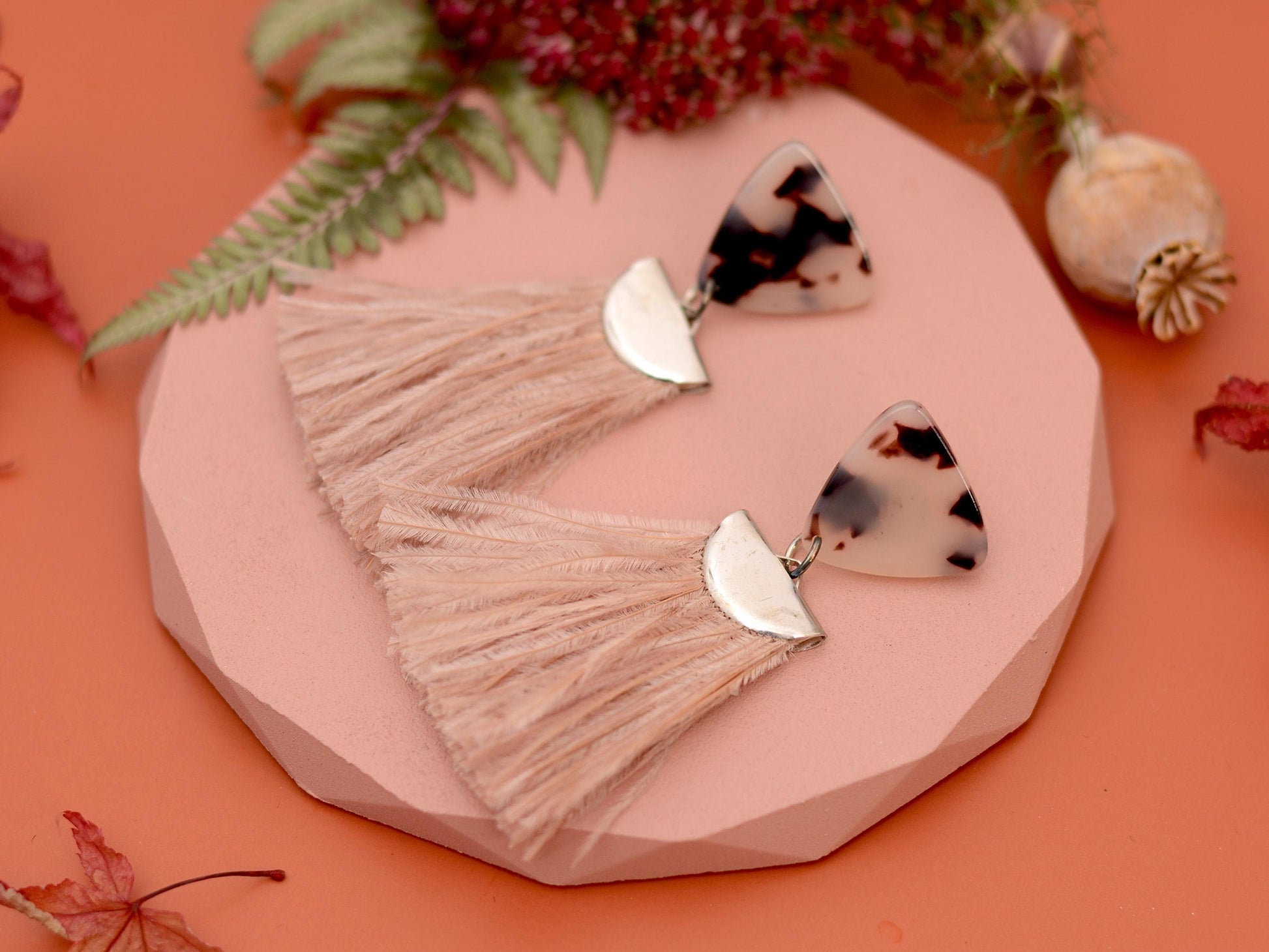 Nude Pink and Tortoiseshell Ostrich Feather Tassel Earrings