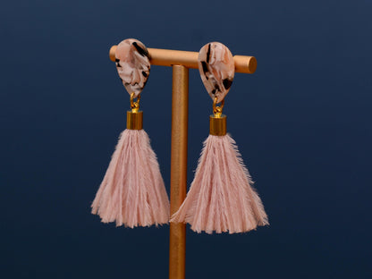 Blush Pink Marble Acetate and Ostrich Feather Tassel Earrings