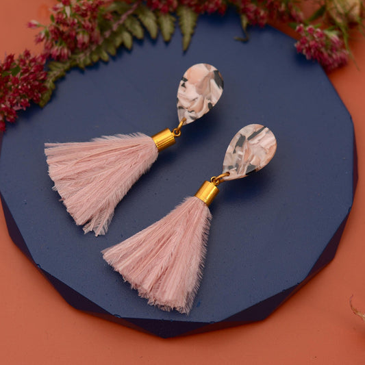 Blush Pink Marble Acetate and Ostrich Feather Tassel Earrings
