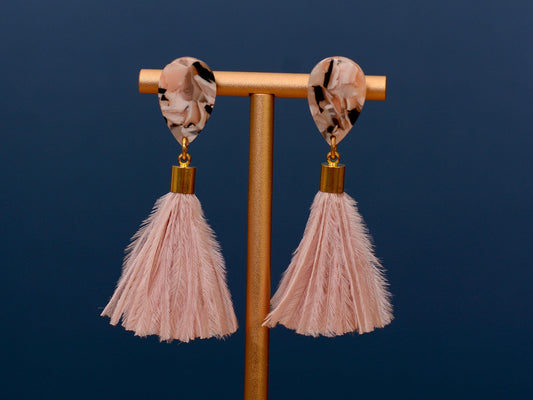 Blush Pink Marble Acetate and Ostrich Feather Tassel Earrings