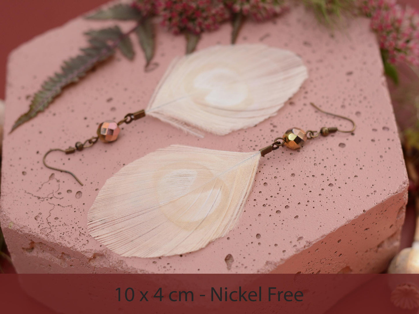 Large Ivory / White Peacock Eye Feather Earrings with Rose Gold Crystal Beads| Bridal Earrings | Boho Bride | Bohemian Bride
