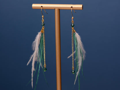 Delicate Emerald Green and Blush Pink Ostrich FeatherTassel Earrings