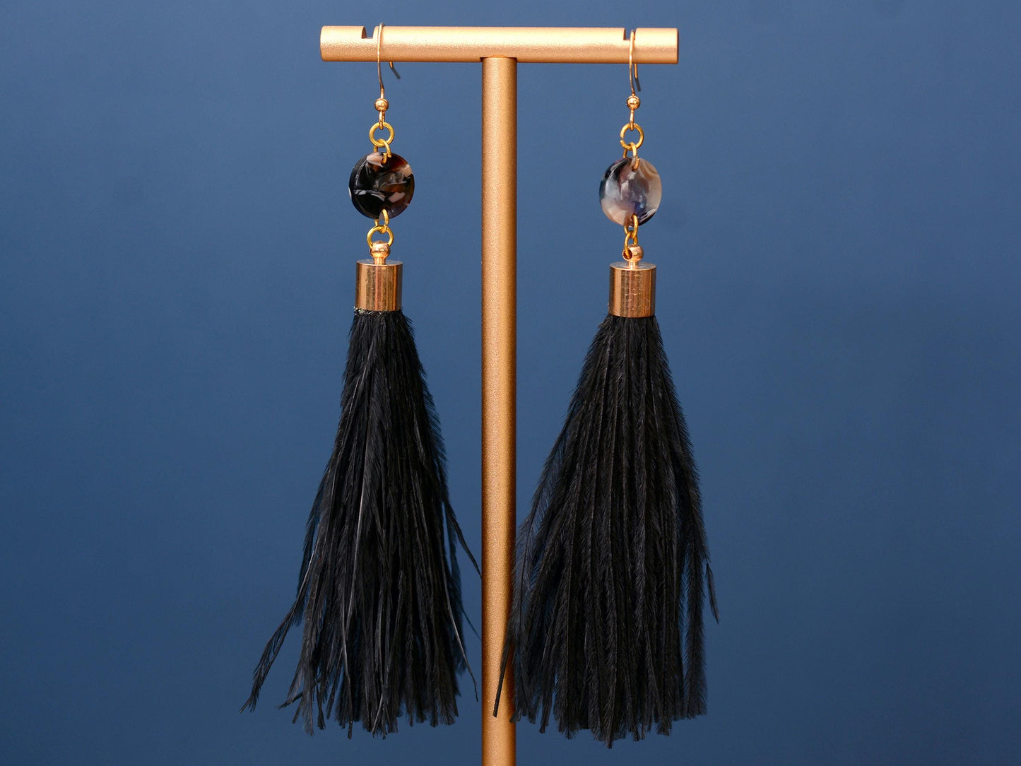 Pluto - Long Black Ostrich Feather Tassel Earrings with Acetate Disc | Festival Earrings | Feather Jewellery