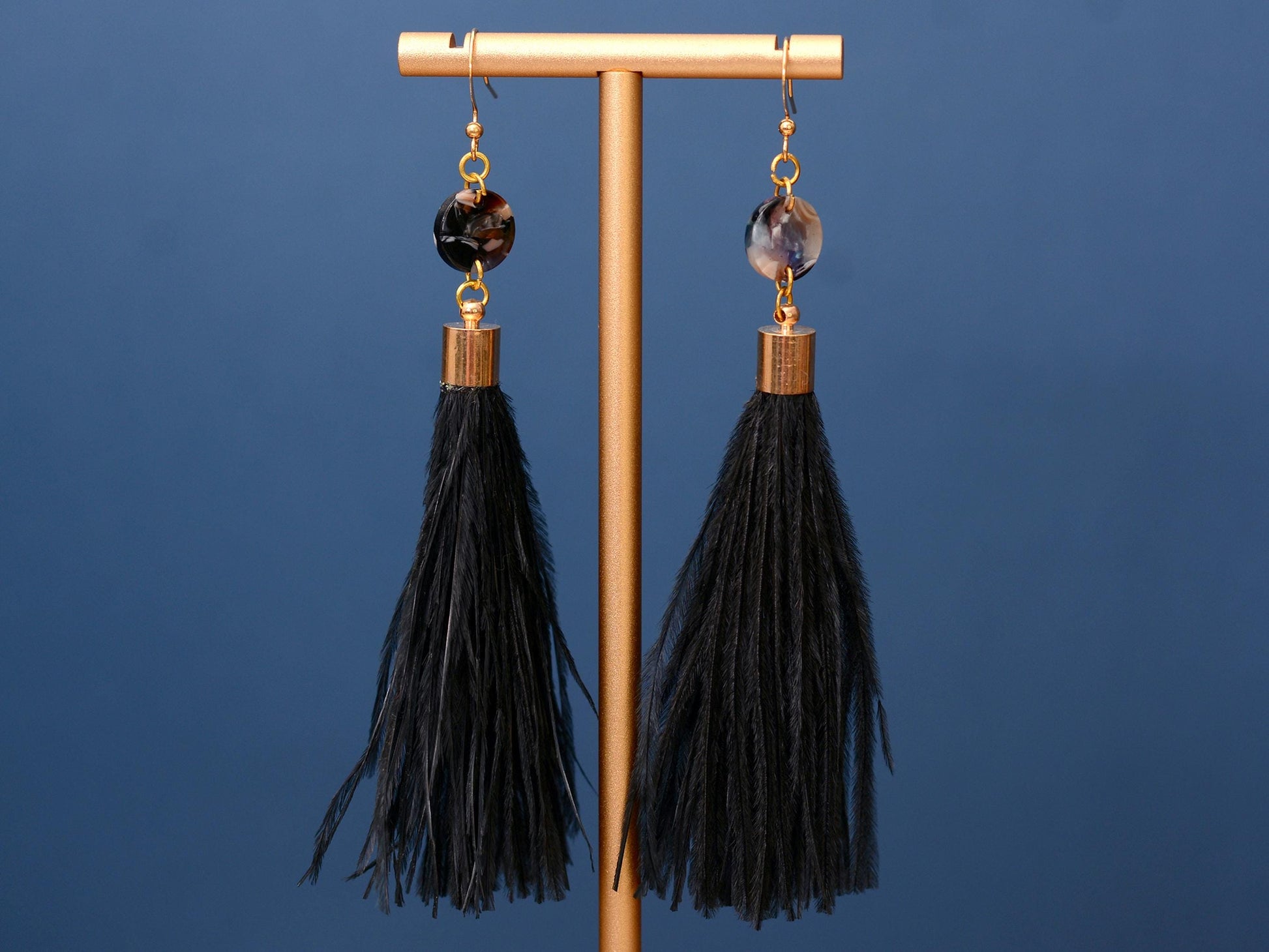Pluto - Long Black Ostrich Feather Tassel Earrings with Acetate Disc | Festival Earrings | Feather Jewellery