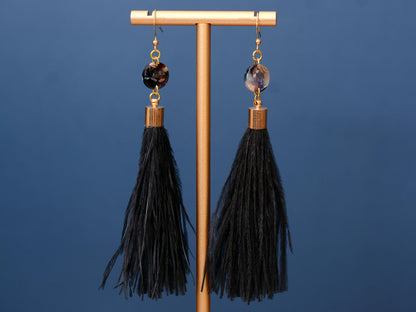Pluto - Long Black Ostrich Feather Tassel Earrings with Acetate Disc | Festival Earrings | Feather Jewellery