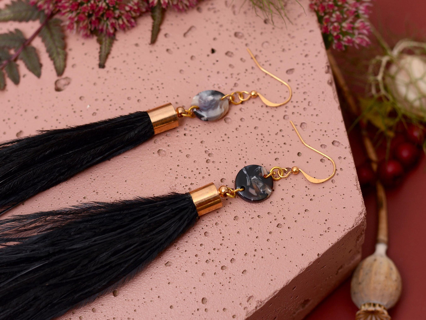 Pluto - Long Black Ostrich Feather Tassel Earrings with Acetate Disc | Festival Earrings | Feather Jewellery