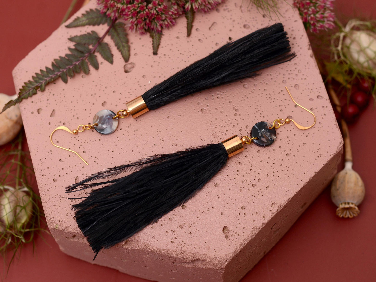 Pluto - Long Black Ostrich Feather Tassel Earrings with Acetate Disc | Festival Earrings | Feather Jewellery