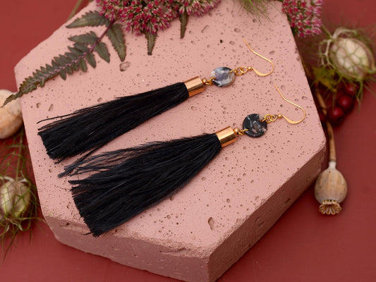 Pluto - Long Black Ostrich Feather Tassel Earrings with Acetate Disc | Festival Earrings | Feather Jewellery