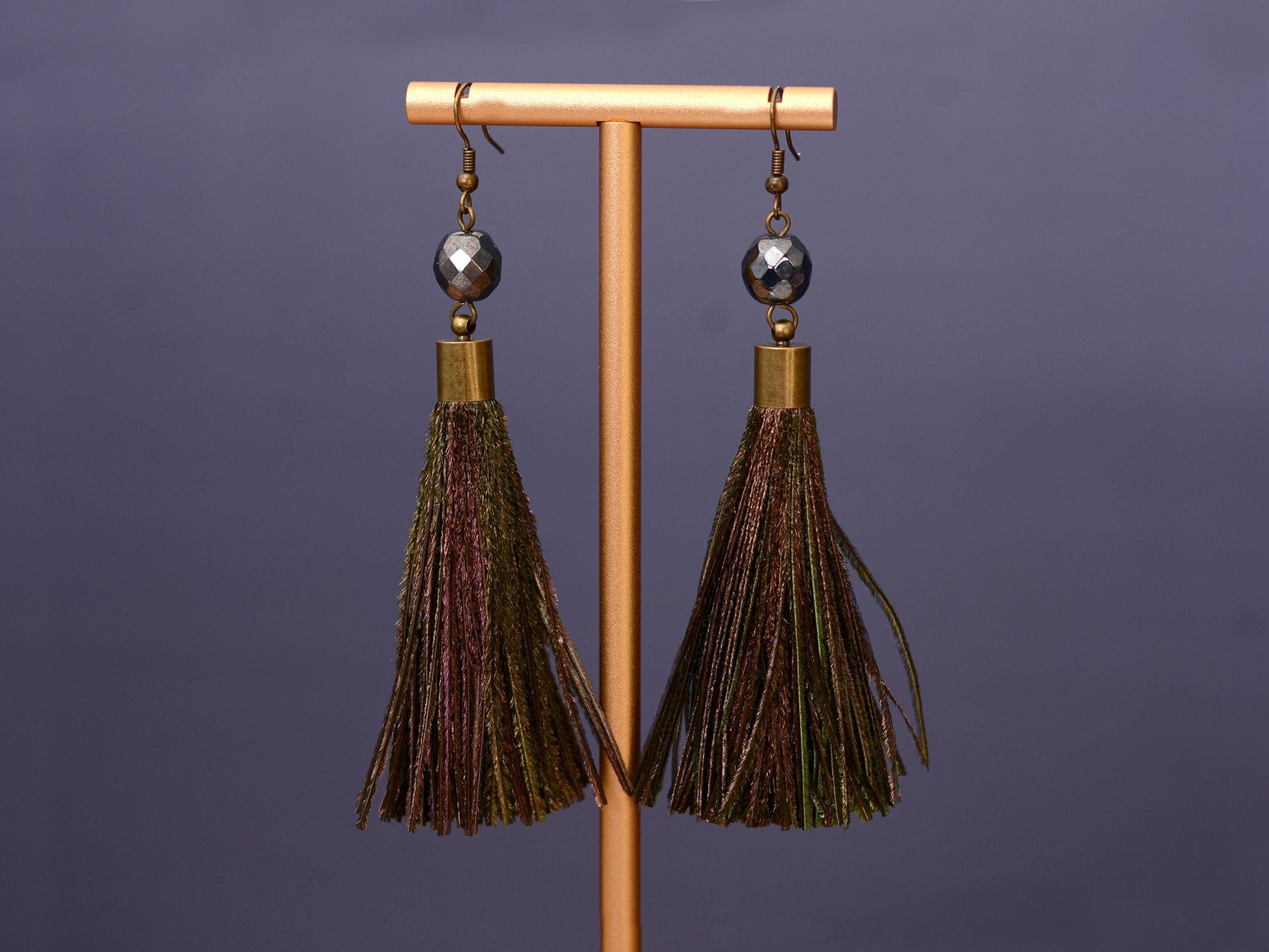 Large Round Peacock Feather Tassel Earrings | Festival Earrings | Feather Jewellery | Long Earrings