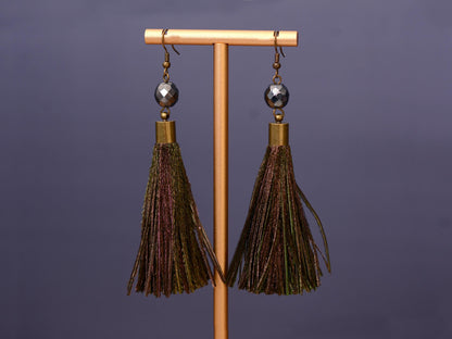 Large Round Peacock Feather Tassel Earrings | Festival Earrings | Feather Jewellery | Long Earrings