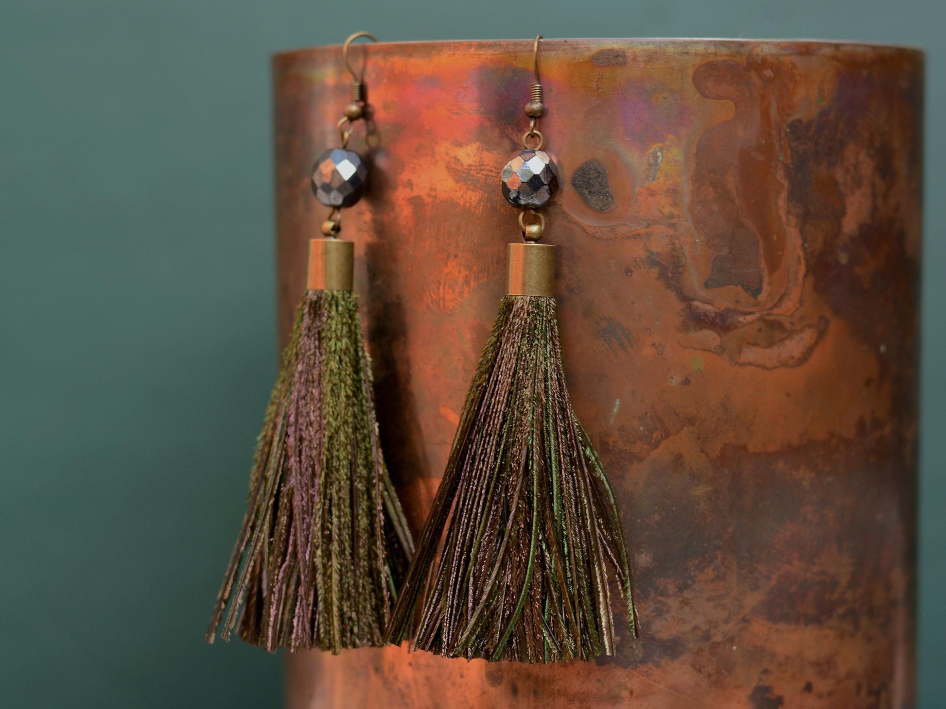 Large Round Peacock Feather Tassel Earrings | Festival Earrings | Feather Jewellery | Long Earrings