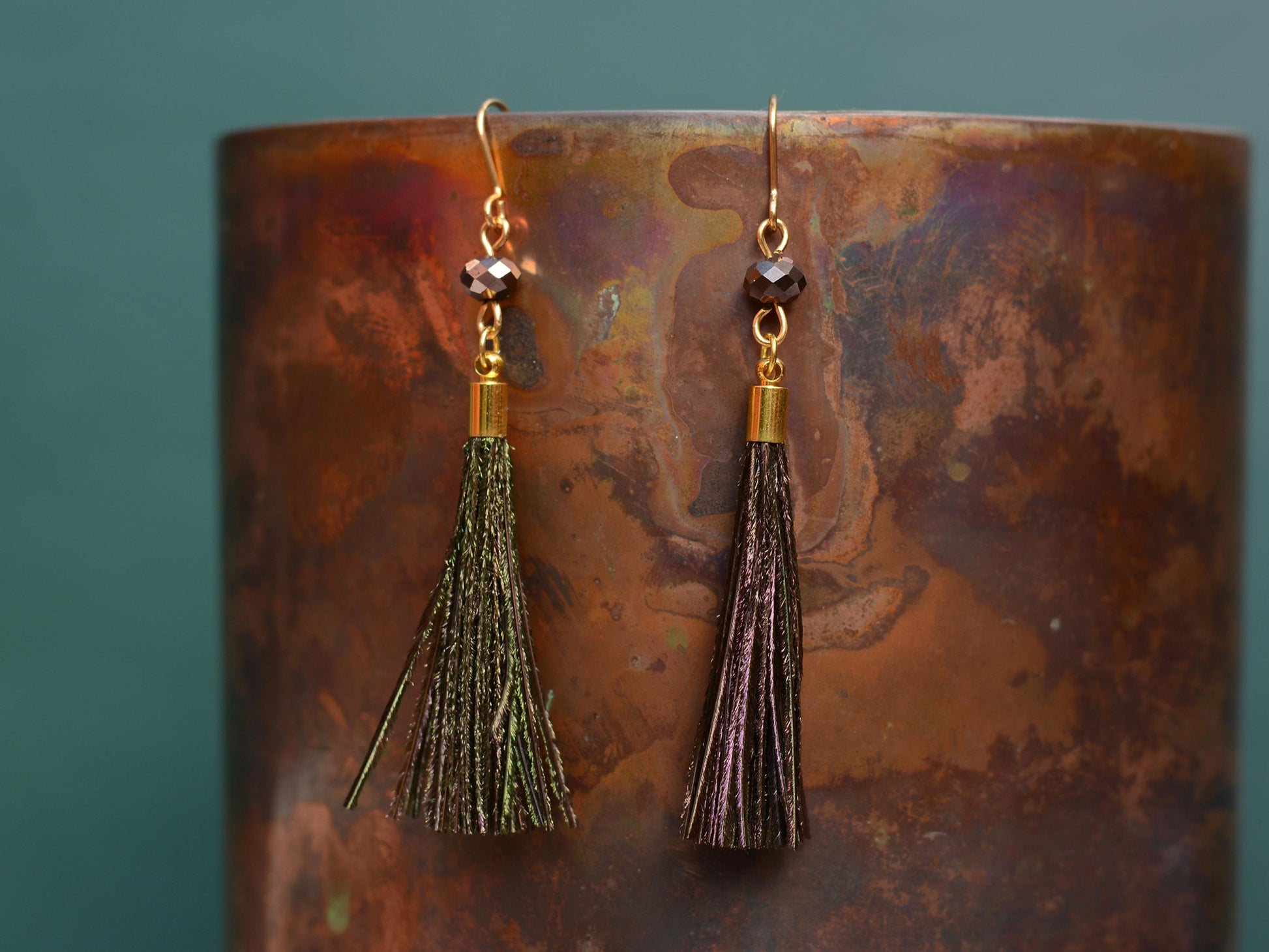 Peacock Small Round Bronze Feather Tassel Earrings | Festival Earrings | Feather Jewellery | Bohemian | Long Earrings