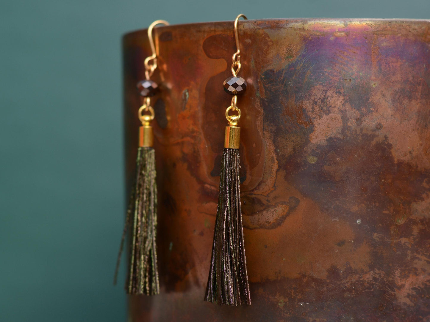 Peacock Small Round Bronze Feather Tassel Earrings | Festival Earrings | Feather Jewellery | Bohemian | Long Earrings