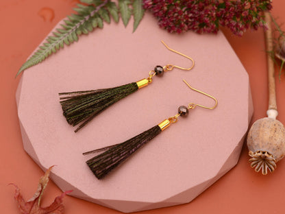 Peacock Small Round Bronze Feather Tassel Earrings | Festival Earrings | Feather Jewellery | Bohemian | Long Earrings