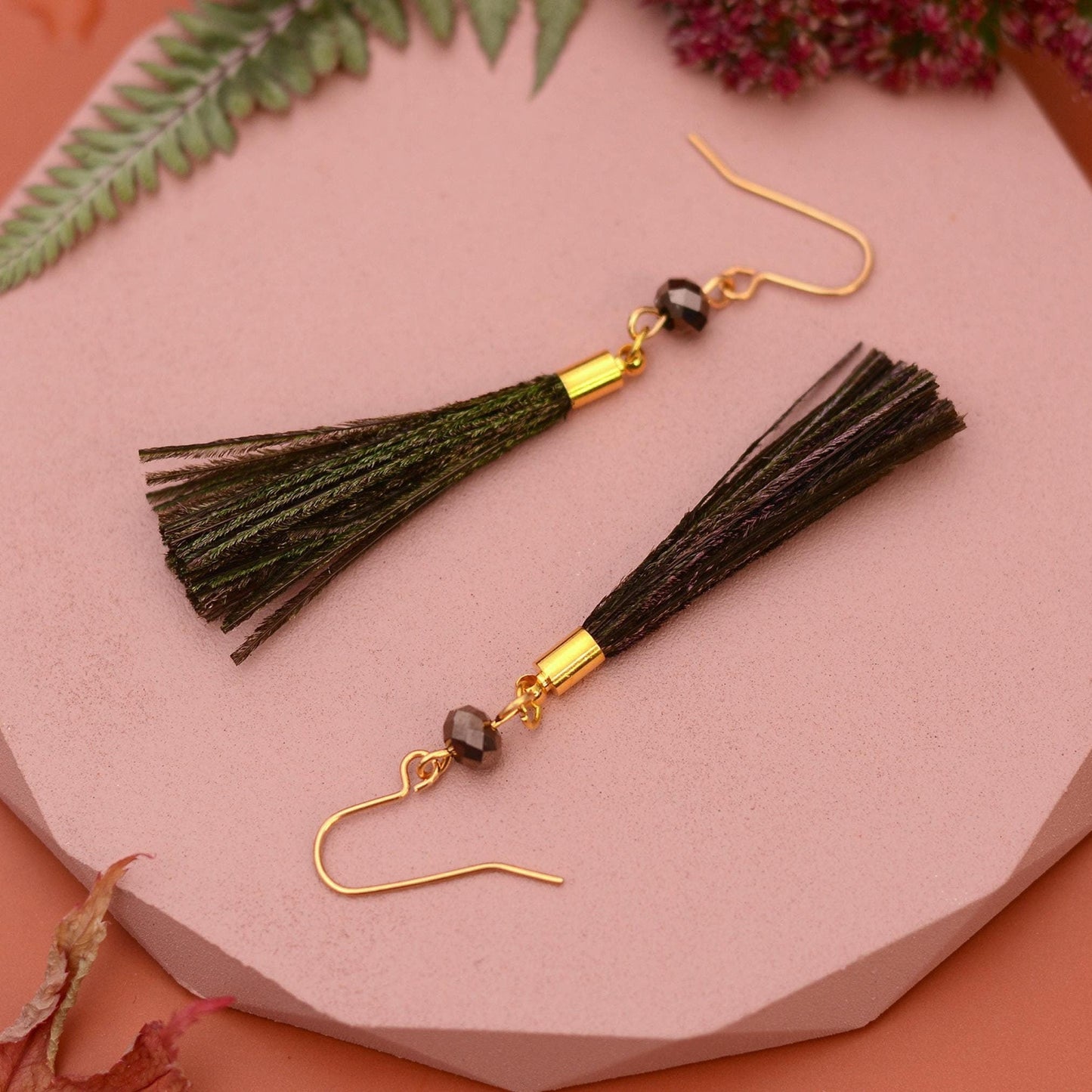 Peacock Small Round Bronze Feather Tassel Earrings | Festival Earrings | Feather Jewellery | Bohemian | Long Earrings