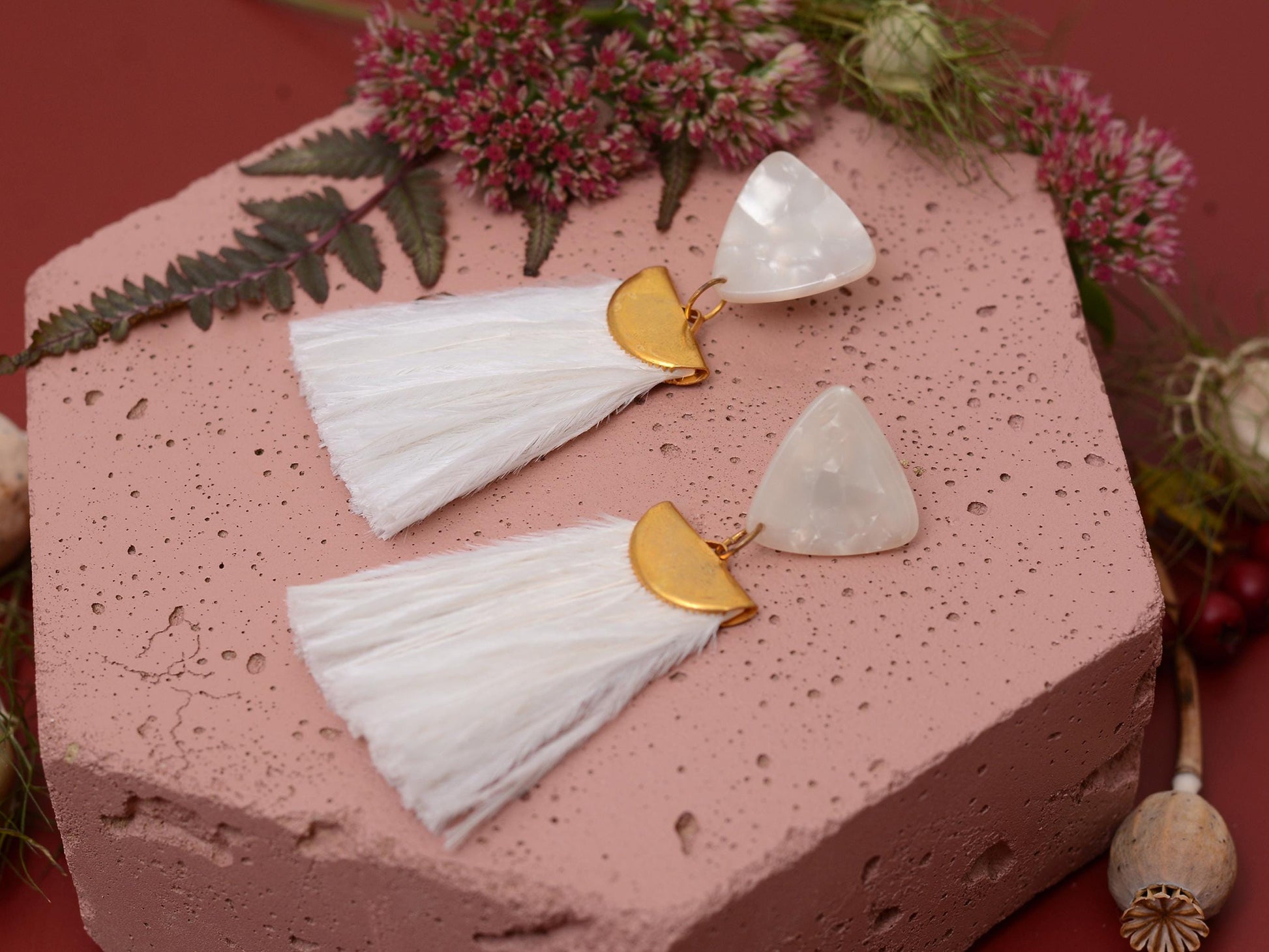 Statement Pearl White Acetate and Ostrich Feather Tassel Earrings