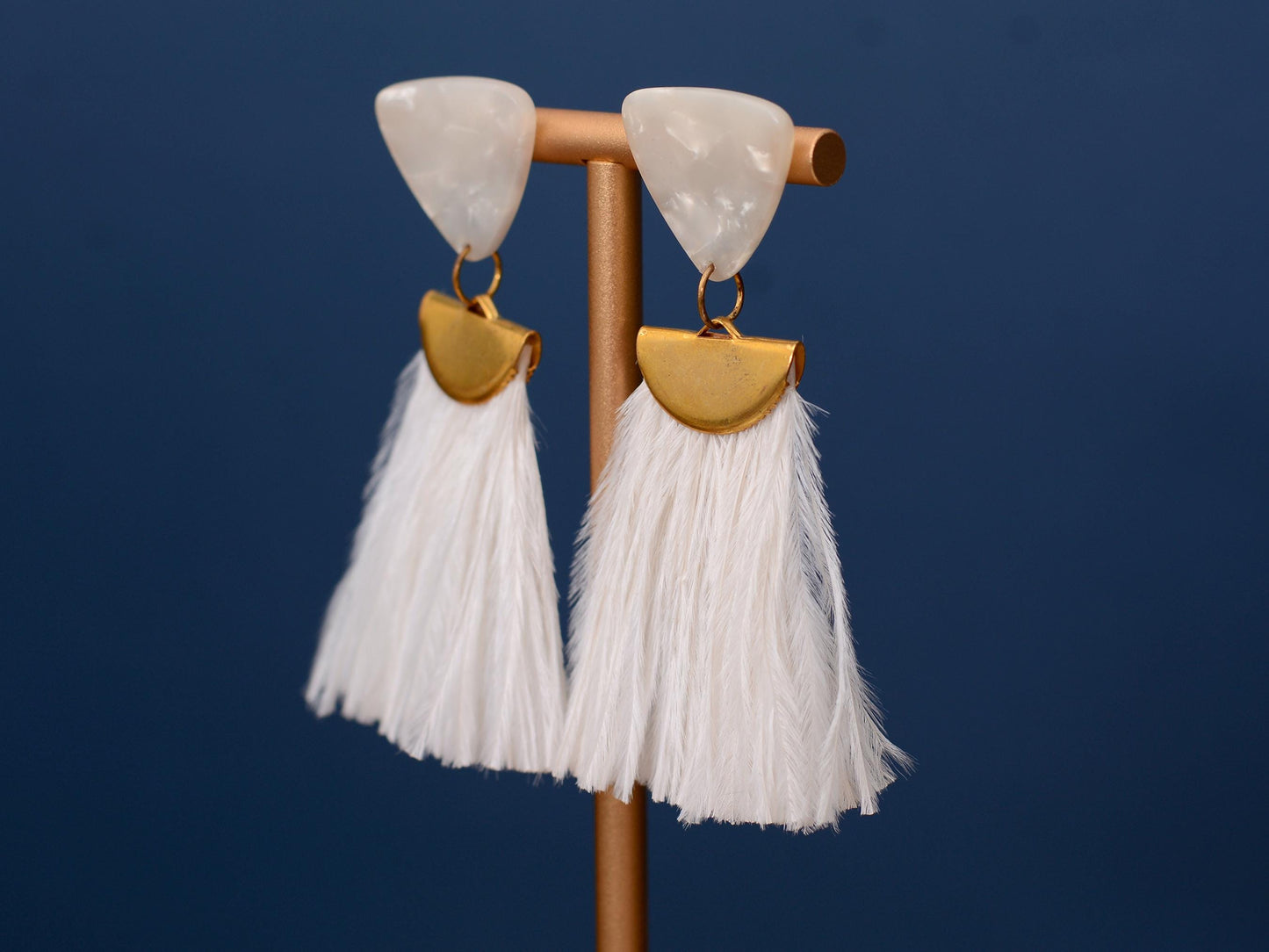 Statement Pearl White Acetate and Ostrich Feather Tassel Earrings