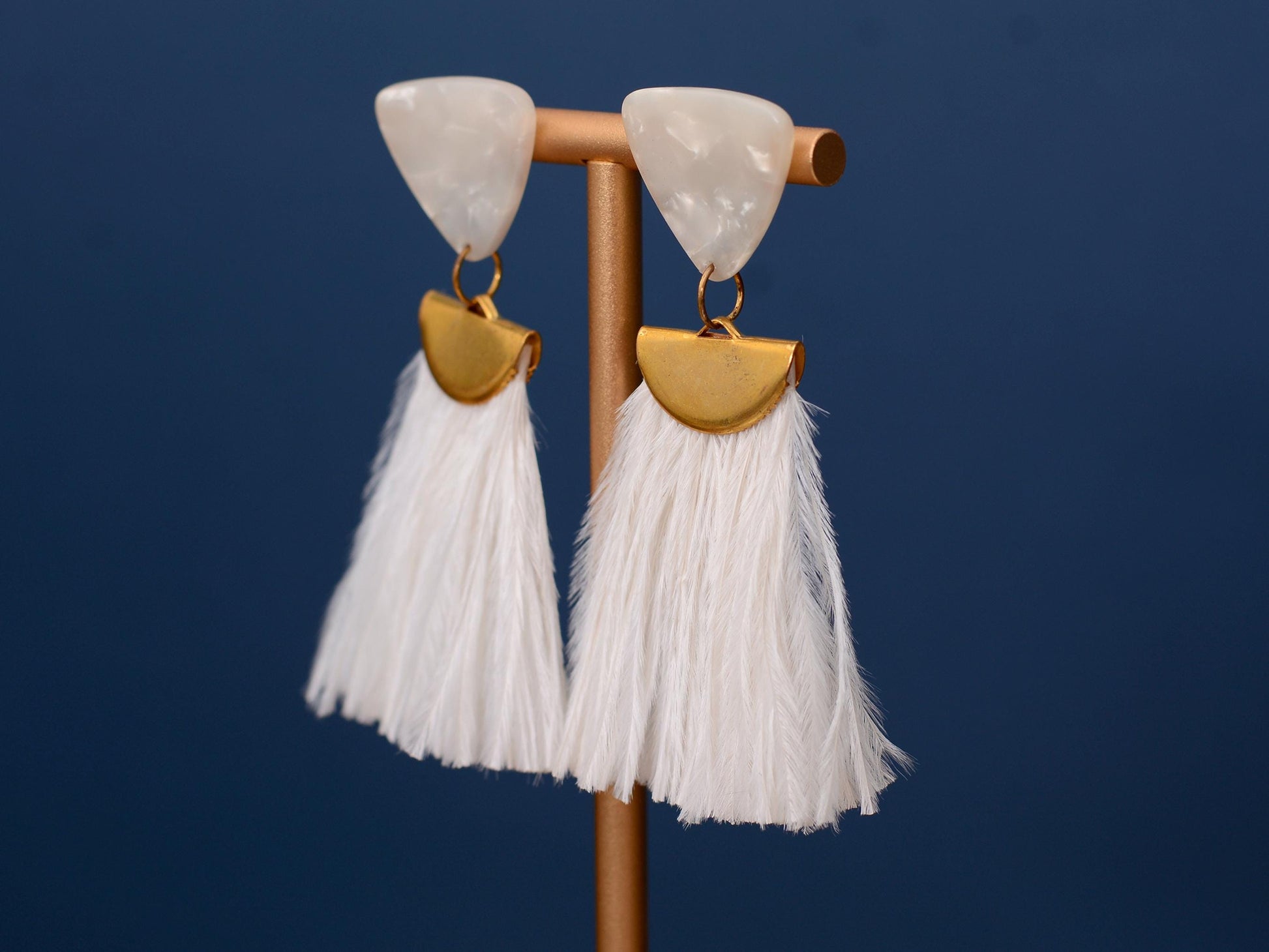 Statement Pearl White Acetate and Ostrich Feather Tassel Earrings