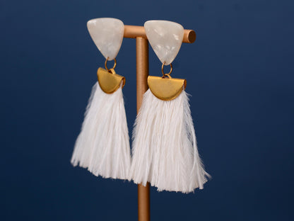 Statement Pearl White Acetate and Ostrich Feather Tassel Earrings