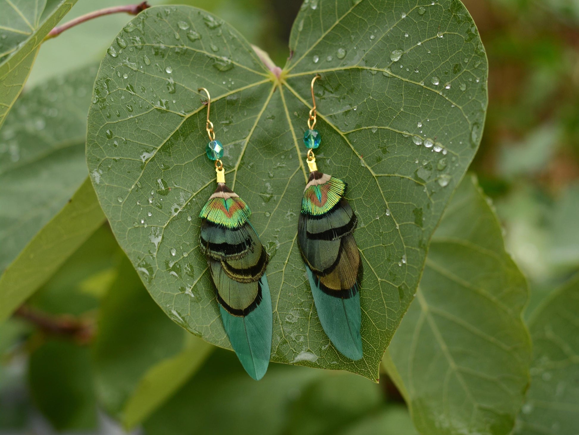 Green and Gold Small Feather Earrings with Emerald Crystal Bead | Festival Earrings | Feather Jewellery | Drop Earrings