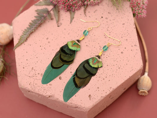 Green and Gold Small Feather Earrings with Emerald Crystal Bead | Festival Earrings | Feather Jewellery | Drop Earrings