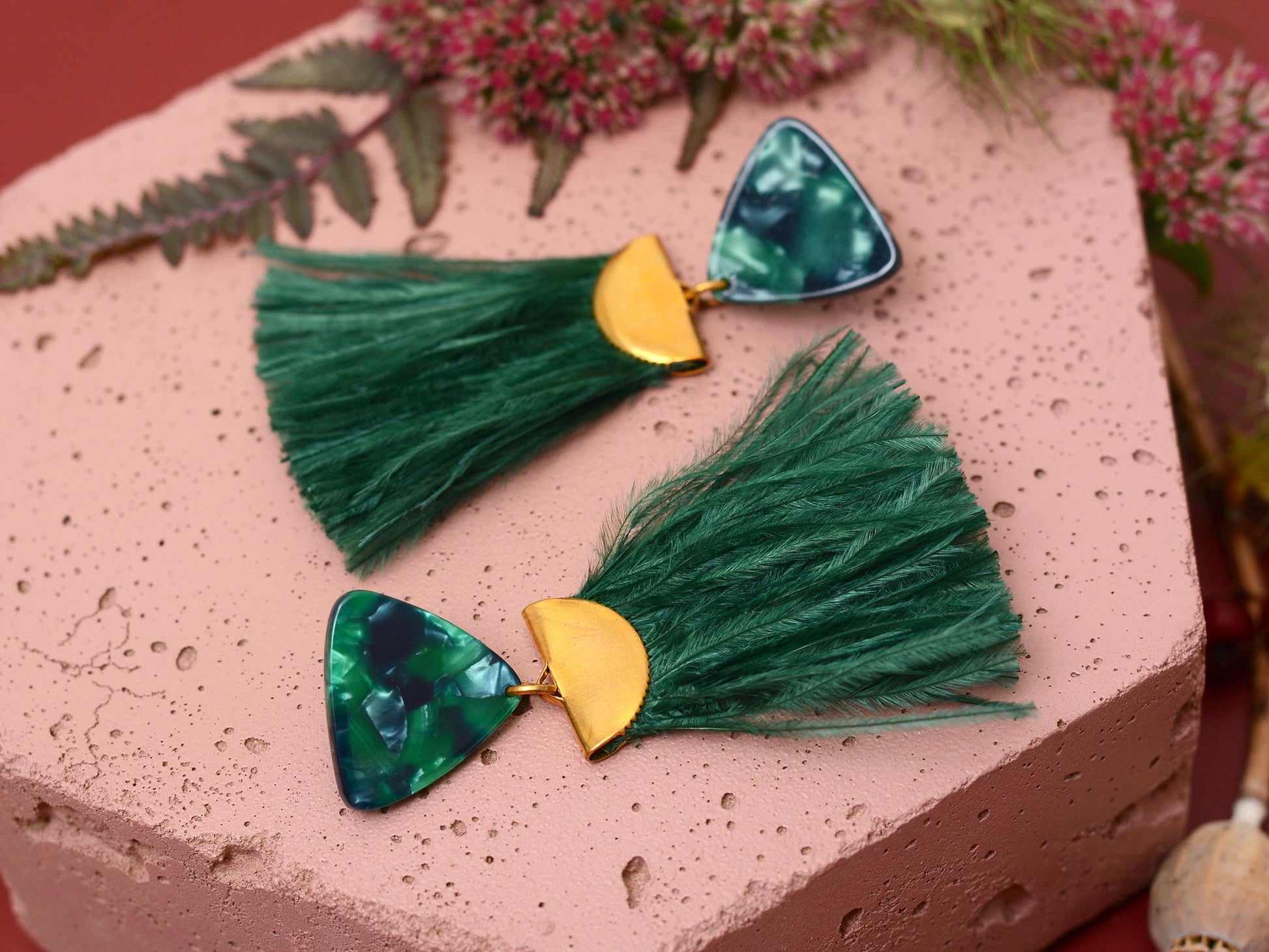 Rich Green Triangle Acetate and Ostrich Feather Tassel Earrings