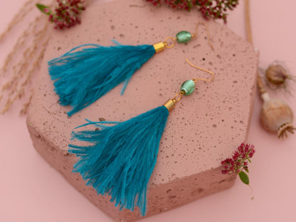 Long Turquoise Ostrich Feather Tassel Earrings | Festival Earrings | Feather Jewellery | Festival Jewellery | Long Earrings