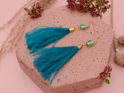Long Turquoise Ostrich Feather Tassel Earrings | Festival Earrings | Feather Jewellery | Festival Jewellery | Long Earrings